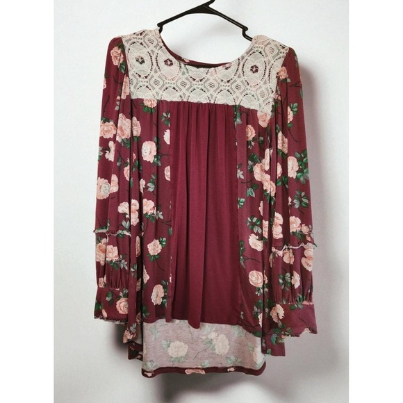 Matilda Jane Tops - Matilda Jane Burgundy Floral Lace Yoke Long Sleeve Tunic Top XS